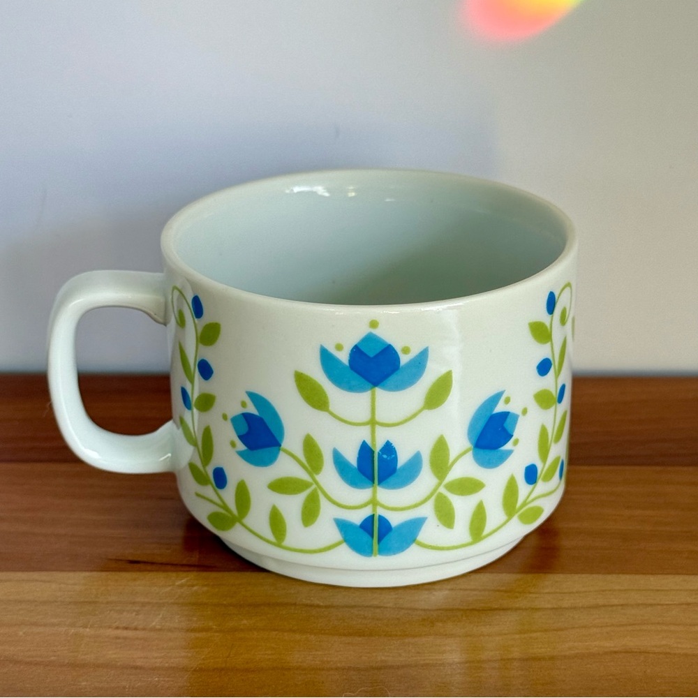 Vintage Blue and Green Ceramic Mug with Floral Design